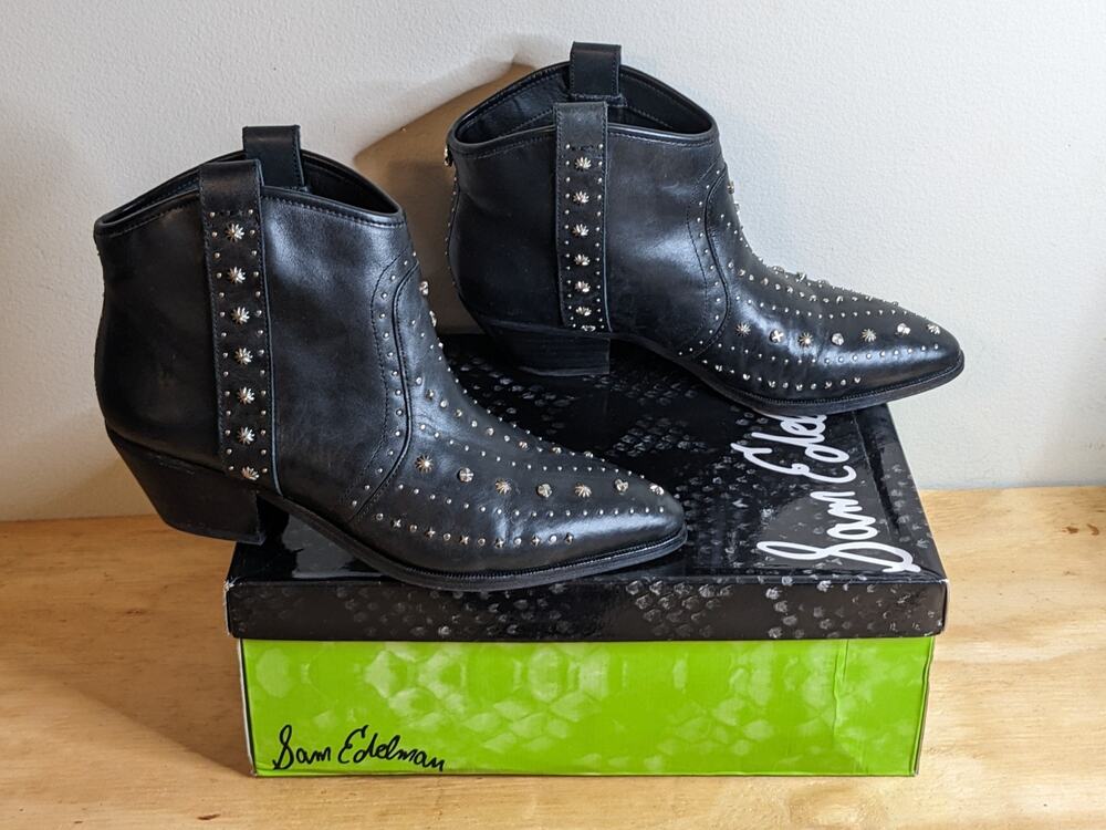 Sam Edelman Brian Black Leather Boots Bootie Heels Size 8.5 Women's G0252L2001